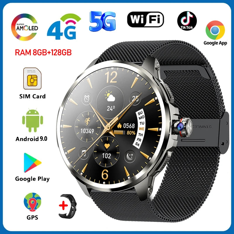 5G/4G Full Network Smart Watch Men 1.95 inch AMOLED Screen 8GB+128GB RAM 900W Camera GPS WIFI Google APPS Android 9.0 Smartwatch