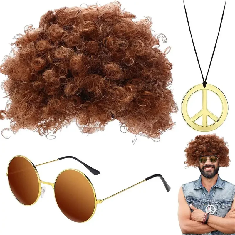 Hippie Funny Costume Set Funky Afro Wig Sunglasses Necklace For 50s 60s 70s Theme Party Men 80s Style Party Clothes Accessories