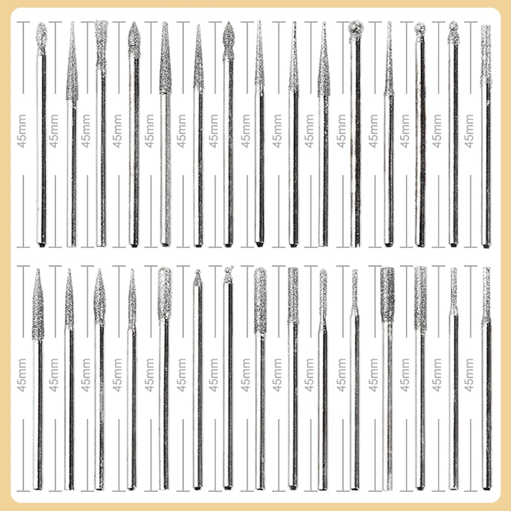 30pcs Shank Diamond Burs Set With Box For Dremel Electric Grinder Power Accessories Abrasive Drill Bit Rotary Tool Set 2.35/3mm