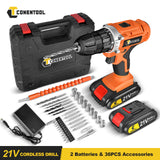 Conentool 45N.m Cordless Drill Driver Electric Screwdriver Rechargeable 2 Battery 25+1 Clutch Torque Impact Drill 36PCS Tool Set