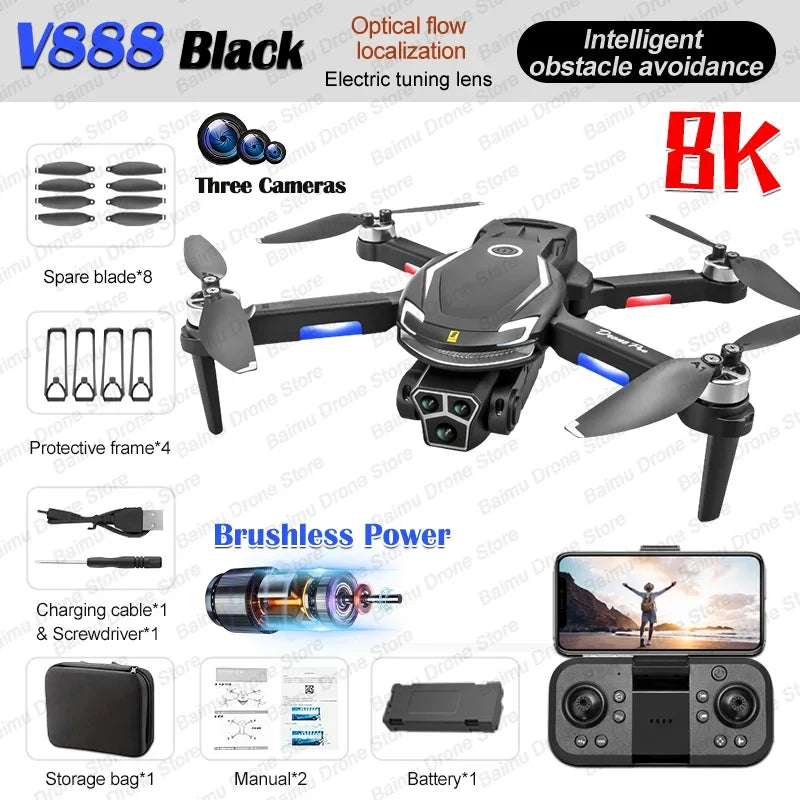New V888 Drone 8K GPS Triple Camera Professional Obstacle Avoidance Optical Flow Positioning BrushlessUpgraded RC Quadcopter