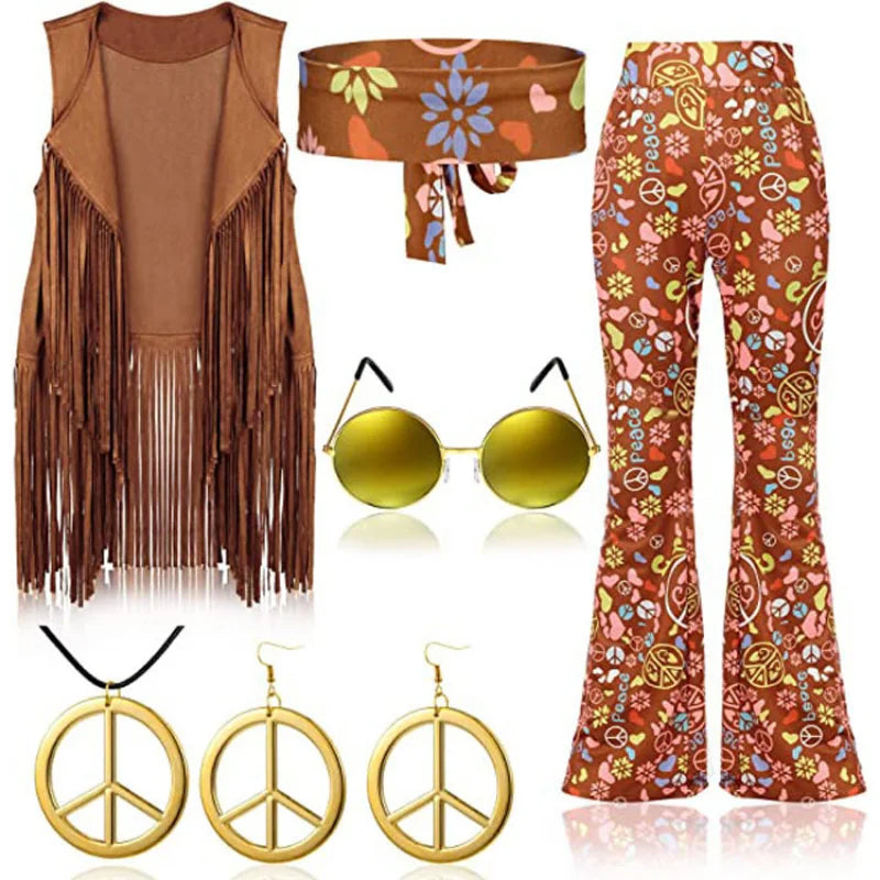 Halloween Hippie Costume Women's Set for Carnival 70s Clothing Accessories Six-Piece Set Tassel Vest+Pants+Headband Set