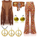 Halloween Hippie Costume Women's Set for Carnival 70s Clothing Accessories Six-Piece Set Tassel Vest+Pants+Headband Set