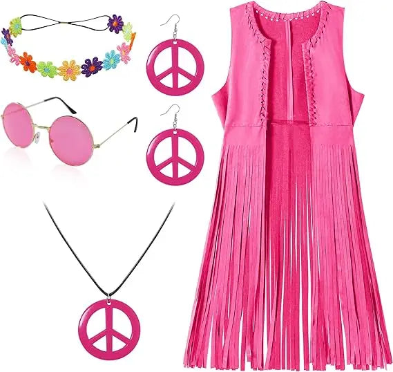 Women 60s 70s Hippie Disco Cosplay Costume Peace Love Girls Hip Indian Tassels Cowgirl Vest Cardigan Halloween Carnival Party