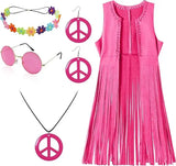 Women 60s 70s Hippie Disco Cosplay Costume Peace Love Girls Hip Indian Tassels Cowgirl Vest Cardigan Halloween Carnival Party
