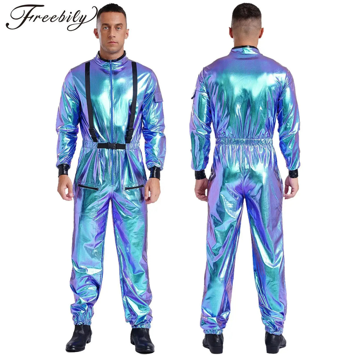 Men Women Halloween Space Astronaut Cosplay Costume Long Sleeve Metallic Shiny Zipper Jumpsuit for Carnival Theme Party Clubwear