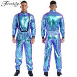 Men Women Halloween Space Astronaut Cosplay Costume Long Sleeve Metallic Shiny Zipper Jumpsuit for Carnival Theme Party Clubwear