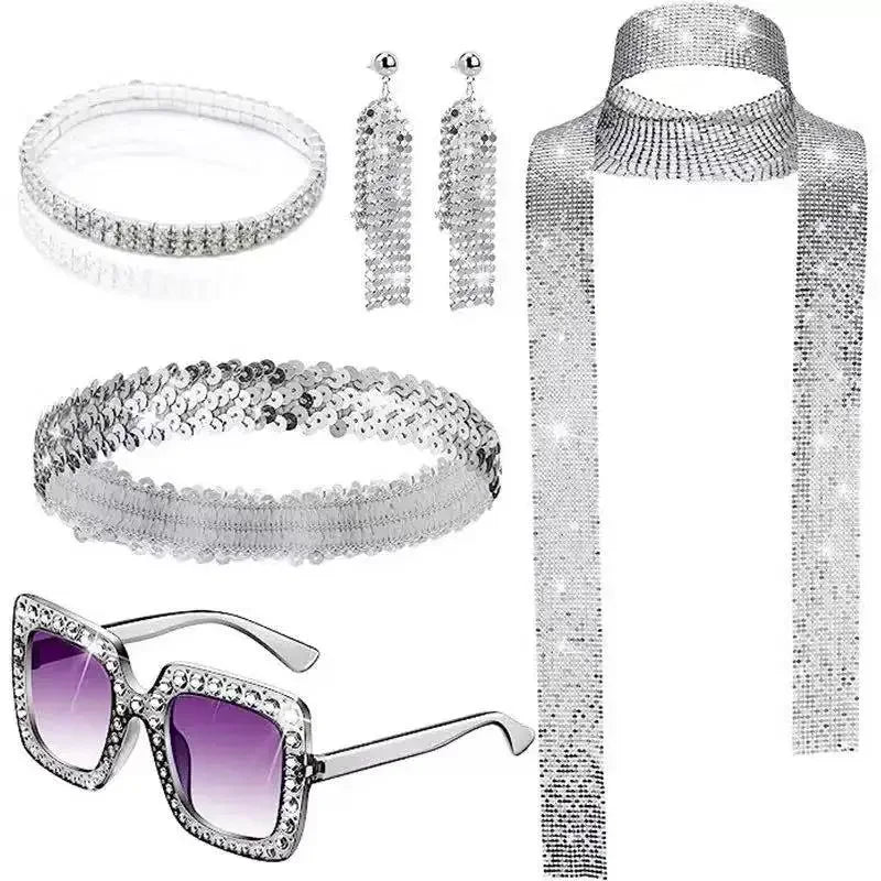 Adult 70s Women Disco Dress Hippie Costumes Necklace Earrings Glasses, 60's Birthday Outfits, 1970s Prom Bling Dress Halloween