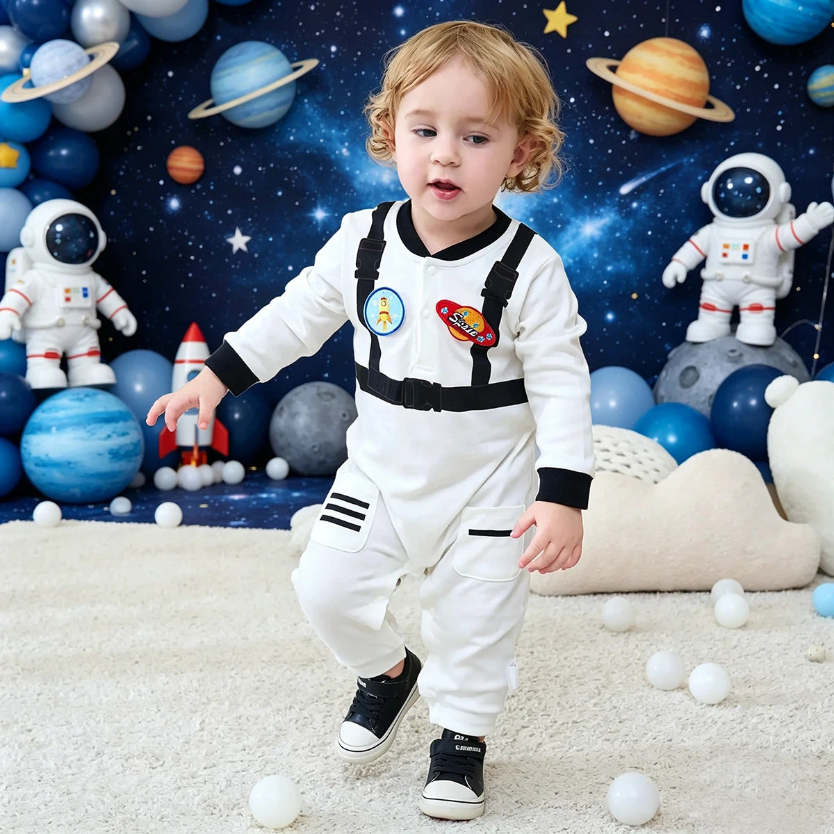 Umorden Cotton Baby Astronaut Costume Jumpsuit Infant Boys Girls 0-3M 3-6M 6-12M 12-18M Spring Autumn Birthday Fancy Dress White