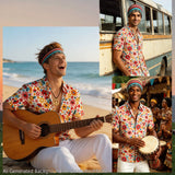 Mens 70s Disco Outfit Hippie Costume Vintage Printed Shirt with Sunglasses Headbands Necklace for Party