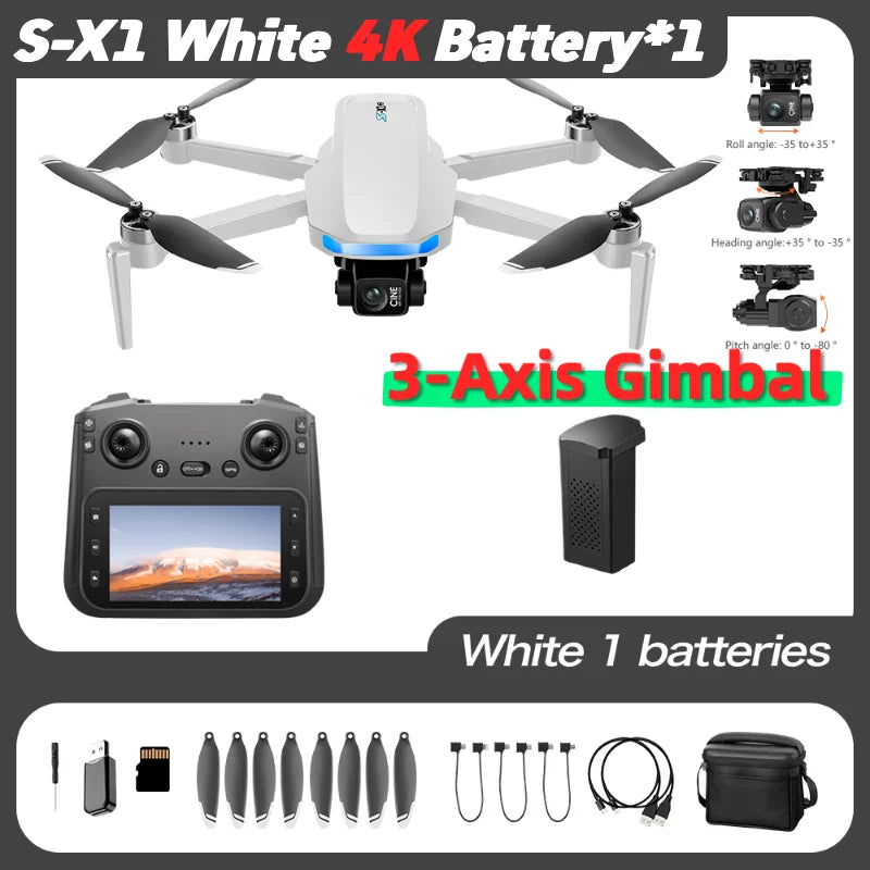 S-X1 MAX GPS Drone with 3-Axis Gimbal 8K/4K HD Camera 5000m FPV LCD Remote Screen 30min Flight Professional Foldable Quadcopter