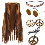 60s 70s Hippie Tassel Outfits for Women Cosplay Costume Set Peace Sign Earring Headband Fringe Vest Stage Performance Cardigan