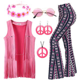 60s 70s Hippie Disco Cosplay Costume Women Hip Tassels Hippie Vest Cardigan Flared Pants Set Halloween Carnival Party