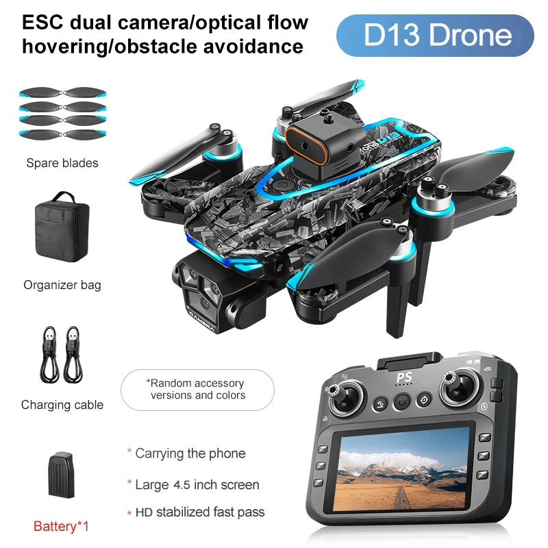 New D13 Drone 4K Professional HD Triple Camera 5G WIFI FPV Dron 360° Obstacle Avoidance Brushless Large Screen RC Quadcopter Toy