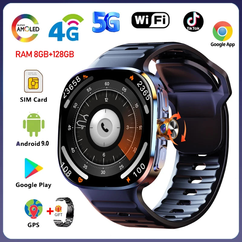 5G/4G Smart Watch 2.4 inch AMOLED 2100mah Battery 900W Camera GPS WIFI Google APPS Download 8GB+128GB RAM Smartwatch Android 10