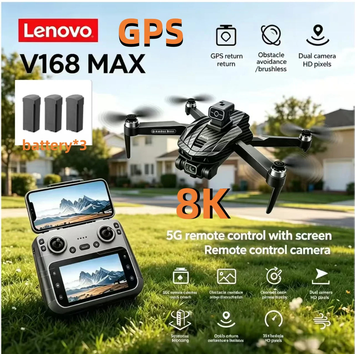 Lenovo V168 MAX 5GGPS Drone 8K Professional Camera Aerial FPV Brushless Avoiding Obstacle Large Screen 8K RC Folding Drones Toy