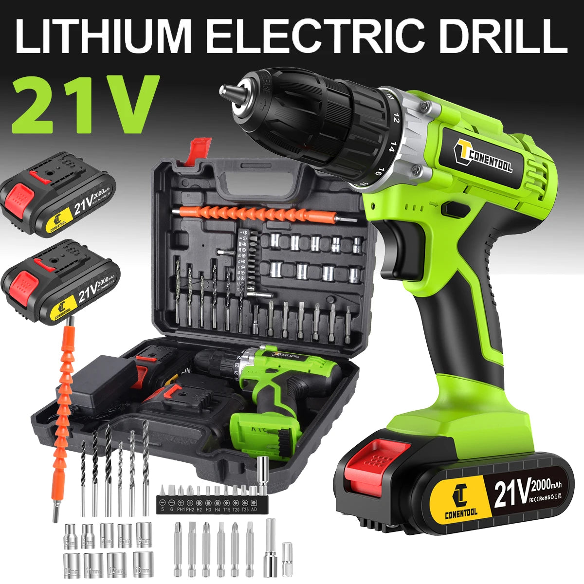 Conentool  Electric Screwdriver 21V Rechargeable Battery Cordless Drill Driver LED Work Light Electric Drill 45N.M 25 Torque Set