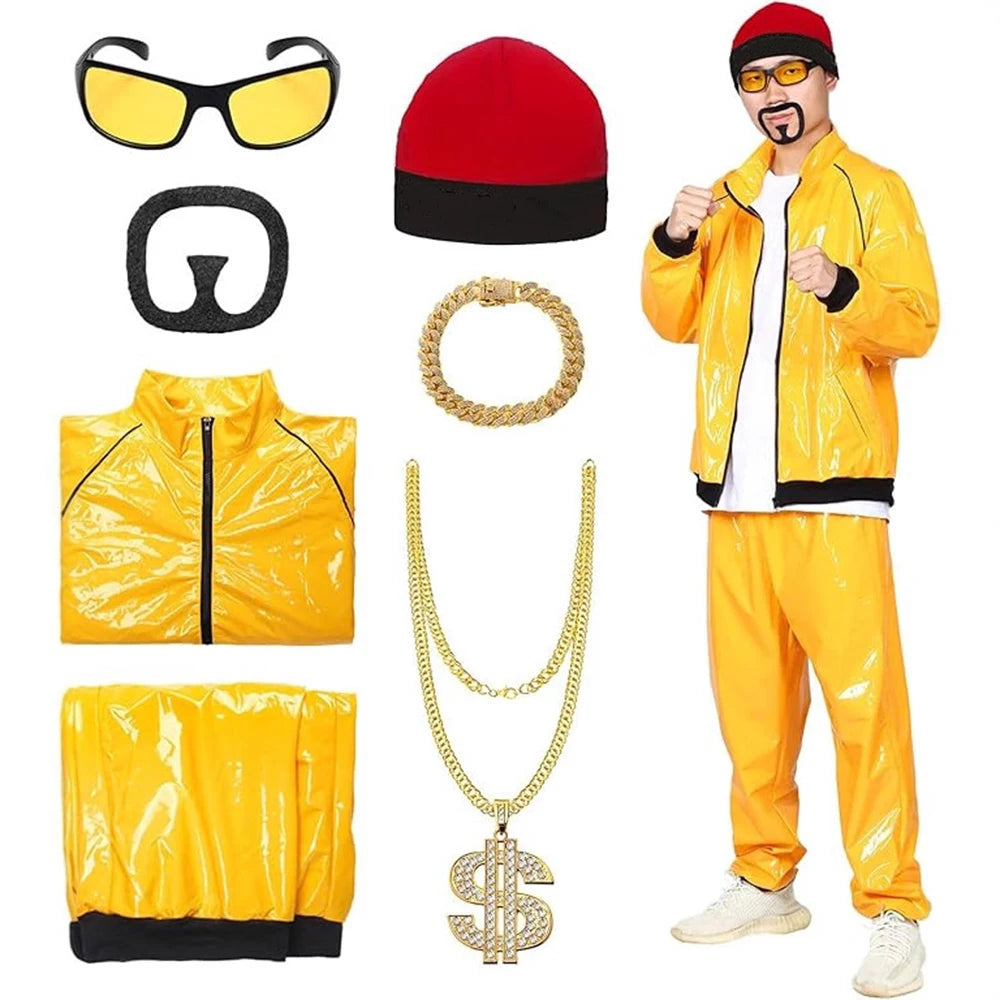 70S Disco Hippie Retro Cosplay Costume Hip Hop Windbreaker 80S Tracksuit Yellow Jacket Pants Hat Halloween Carnival Suit