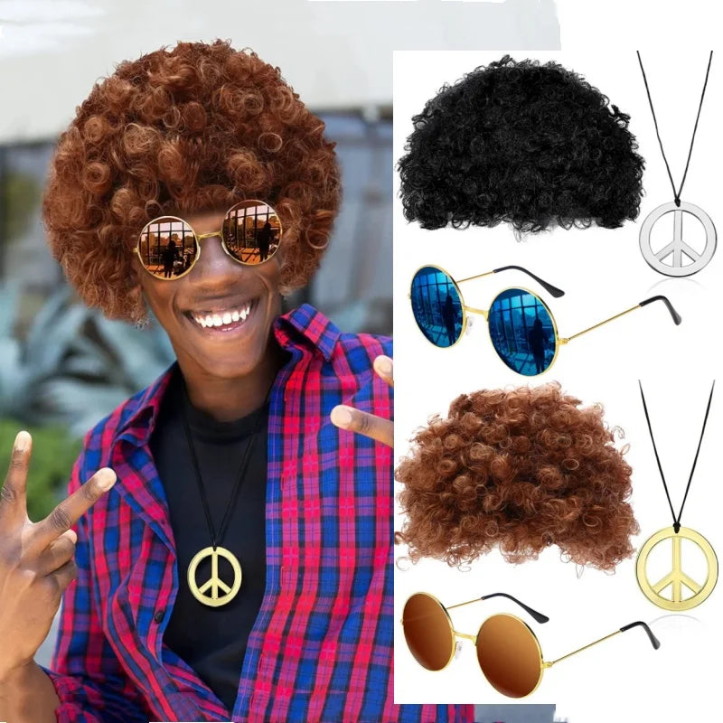 Hippie Funny Costume Set Funky Afro Wig Sunglasses Necklace For 50s 60s 70s Theme Party Men 80s Style Party Clothes Accessories