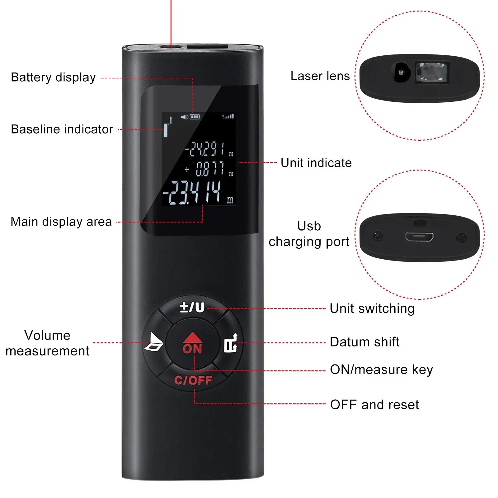 40M/60M Mini Smart Laser Distance Meter Measure Infrared Rangefinder USB Rechargeable Handheld Portable Laser Range Finder Tools