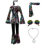 Women 60s 70s Outfits Hippie Costume Set Disco Outfit Dress Boho Flared Pants Hippie Shirt Headband