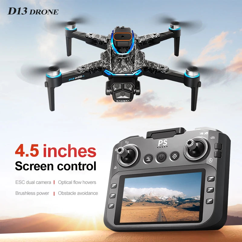 New D13 Drone 4K Professional HD Triple Camera 5G WIFI FPV Dron 360° Obstacle Avoidance Brushless Large Screen RC Quadcopter Toy