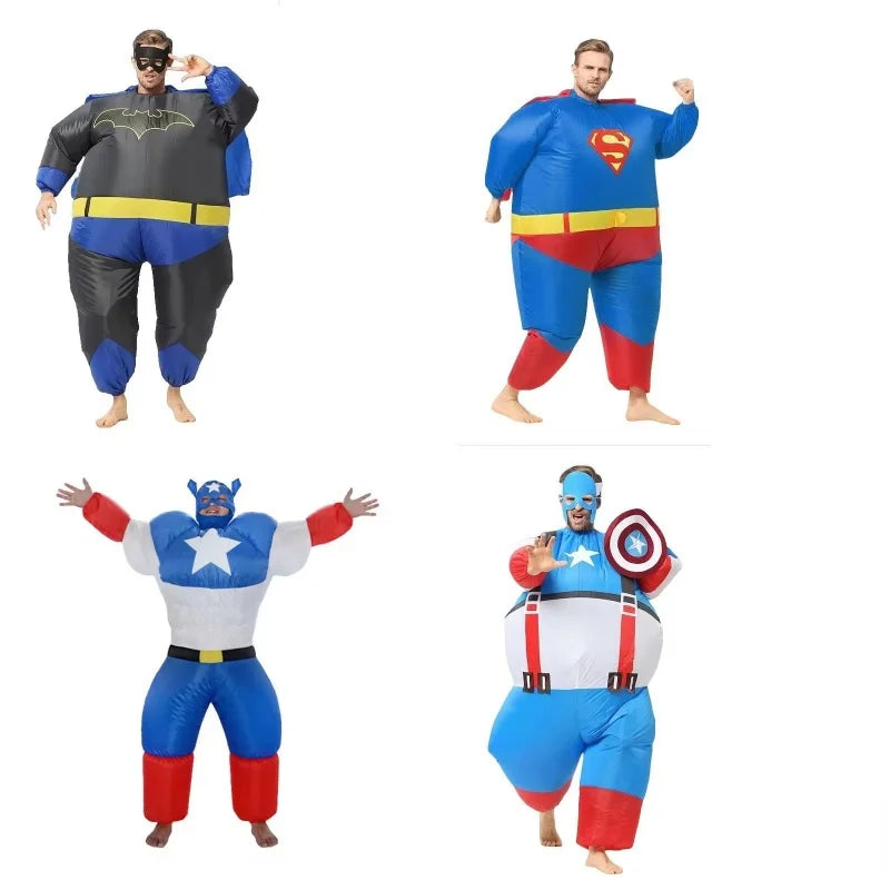 Superman Inflatable Captain Super Hero Cosplay Blue Muscle Hulk Batman Jumpsuit Costume Halloween For Adult Inflate Costume Prop