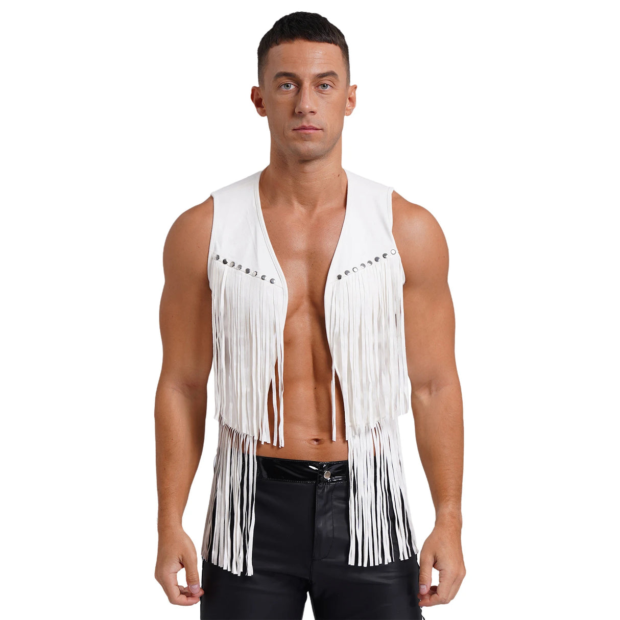 Mens Cowboy Costume Halloween Party Long Tassels 70s Hippie Cardigan Sleeveless Fringe Suede Jacket Waistcoat Vintage Vest Tops