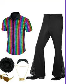 60s 70s Hippie Halloween Costume Sequins Pants Shirt Tops Bell Bottom Men's Flared Trouser Adult Disco Singer Dance Shiny Outfit