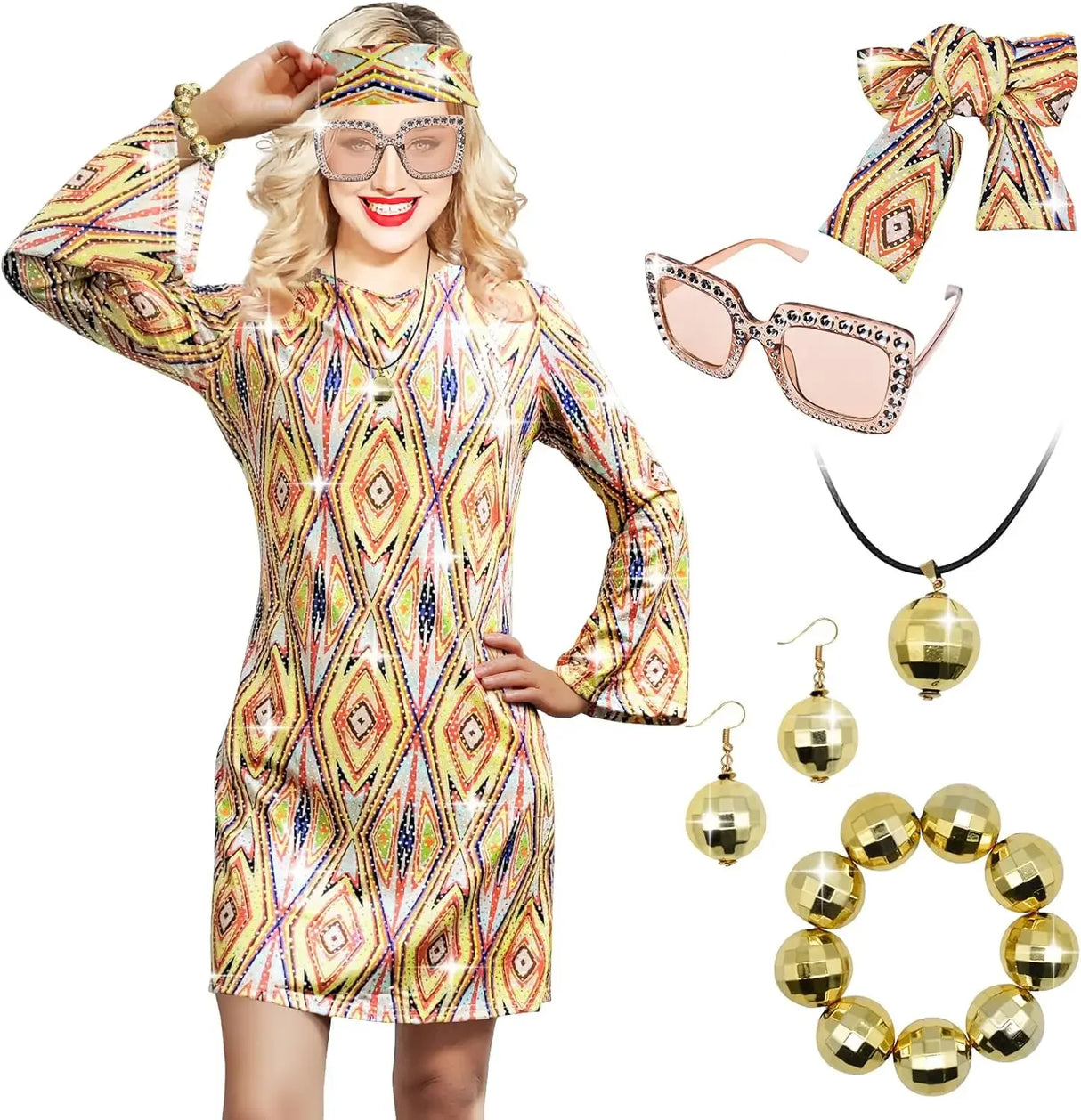 Disfraz 70s Women Disco Dress Hippie Costumes Necklace Earrings Glasses, 60's 70's Birthday Outfits, 1970s Prom Bling Dress