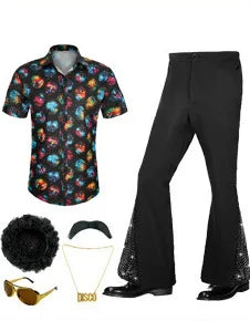 60s 70s Hippie Halloween Costume Sequins Pants Shirt Tops Bell Bottom Men's Flared Trouser Adult Disco Singer Dance Shiny Outfit