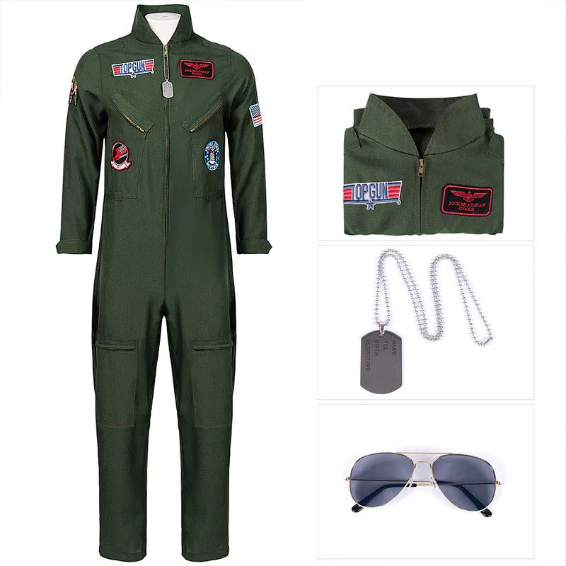 Top Gun Movie Cosplay American Airforce Uniform Halloween Costumes for Men Kids Adult Army Green Pilot Jumpsuit Astronaut