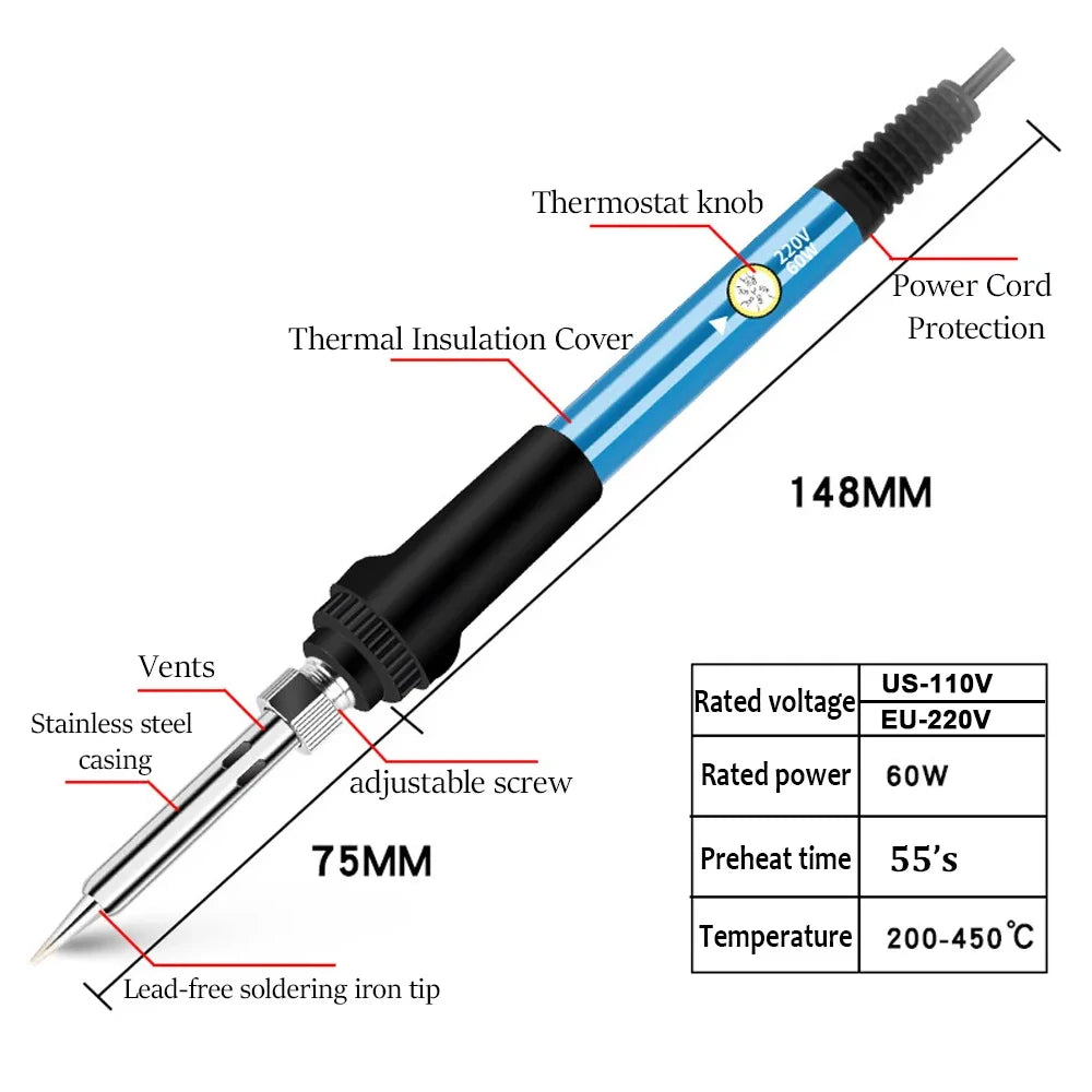 60W Adjustable Temperature Electric Soldering Iron EU 220V / US 110V Welding Iron Rework Station Heat Pen Tips DIY for Repairing
