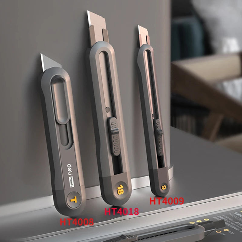 Deli Snap-off Utility Knife Retractable Box Cutters 9mm 18mm High Carbon Steel Blades Auto Lock, for Office Supplies Stationery