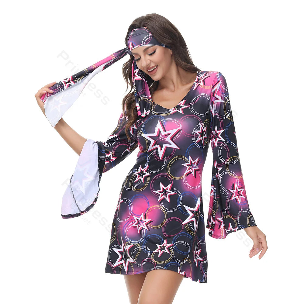 70s Costume Disco Dresses for Women Halloween Costume Sexy Hippie Costume Disco Dress with Disco Headband 70s Outfit Women