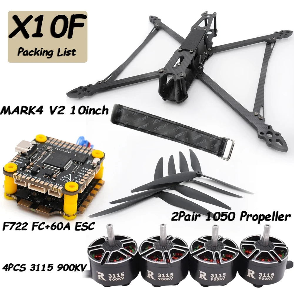 Mark4 V2 10inch 427mm Frame F722 Flight Control 60A ESC 3115 900KV Motor 1050 Propeller Camera VTX Receiver Antenna for FPV Done