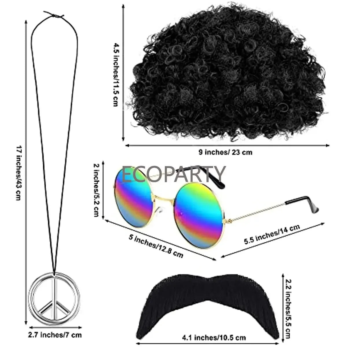 Hippie Costume Accessories 70s Dress Costume Set Includes Funky Afro Wig Glasses Peace Necklace Moustache 60s 70s Hippie Costume