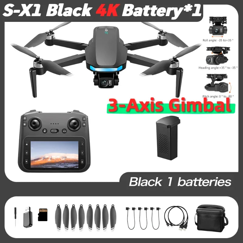 S-X1 MAX GPS Drone with 3-Axis Gimbal 8K/4K HD Camera 5000m FPV LCD Remote Screen 30min Flight Professional Foldable Quadcopter