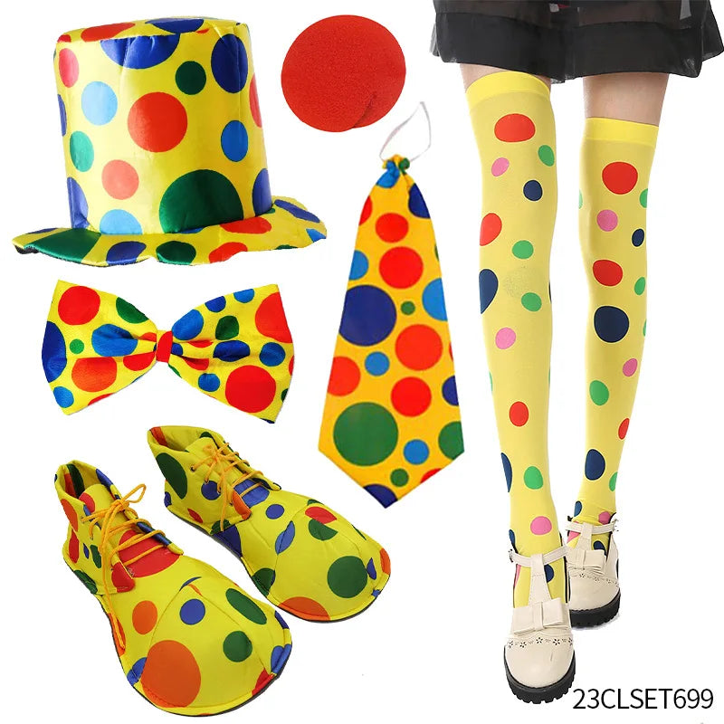Clown Costume -  Nose Wig Bow Tie Shoes Headband Gloves Hat Stockings and Vest Dress Up Cosplay Props Accessories