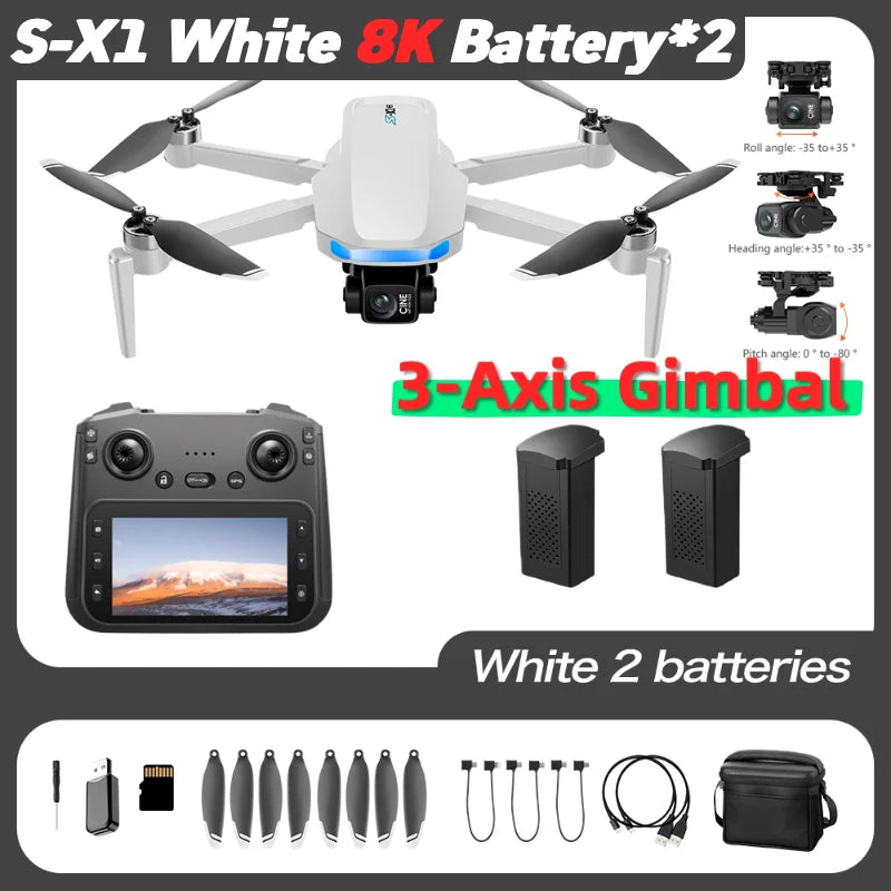 S-X1 MAX GPS Drone with 3-Axis Gimbal 5000m FPV 8K/4K HD Camera with LCD RC Screen 3 Batteries Professional RC Quadcopter Gifts