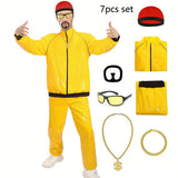 70S Disco Hippie Retro Cosplay Costume Hip Hop Windbreaker 80S Tracksuit Yellow Jacket Pants Hat Halloween Carnival Suit