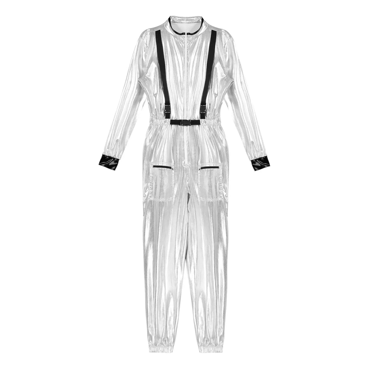 Men Women Halloween Space Astronaut Cosplay Costume Long Sleeve Metallic Shiny Zipper Jumpsuit for Carnival Theme Party Clubwear