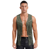 Mens Cowboy Costume Halloween Party Long Tassels 70s Hippie Cardigan Sleeveless Fringe Suede Jacket Waistcoat Vintage Vest Tops