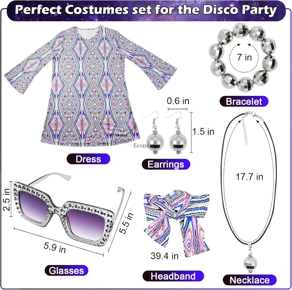 Disfraz 70s Women Disco Dress Hippie Costumes Necklace Earrings Glasses, 60's 70's Birthday Outfits, 1970s Prom Bling Dress