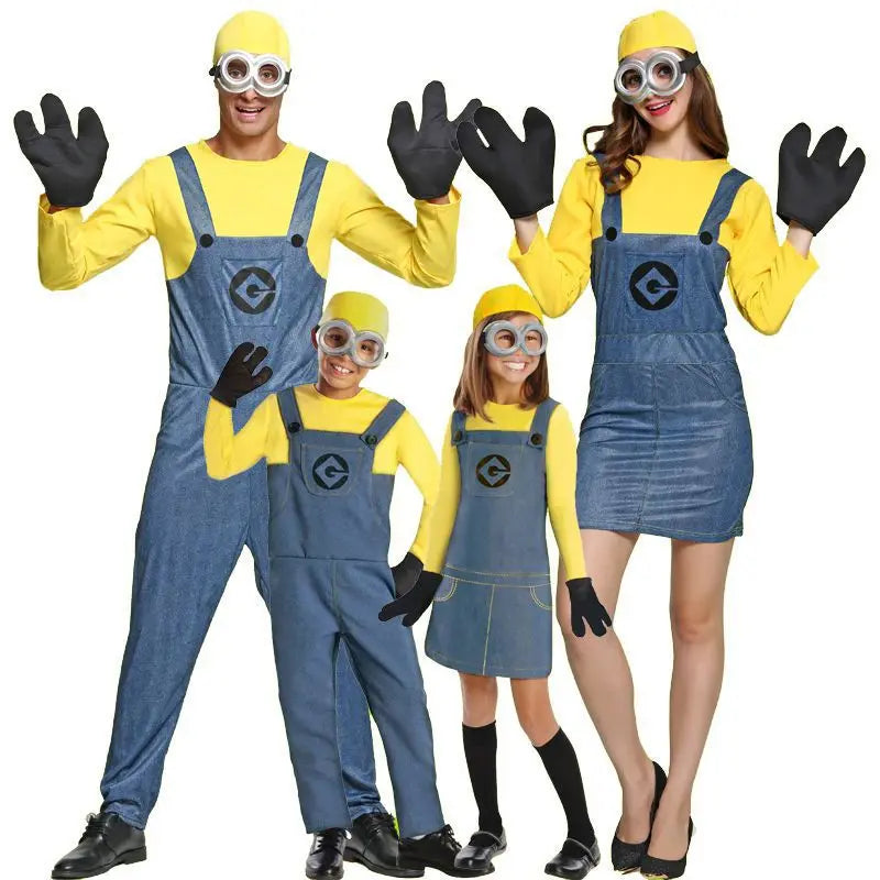 Family Little Yellow Men Cosplay Costume Set Adult Yellow Shirt Blue Overalls Halloween Carnival Party Role Play Outfit