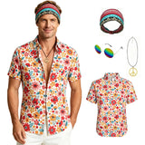 Mens 70s Disco Outfit Hippie Costume Vintage Printed Shirt with Sunglasses Headbands Necklace for Party