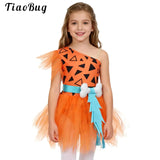 Halloween Cavegirl Caveman Costumes for Girls 3D Bone Mesh Tutu Leotard Dress Flintstone Hominid Gymnastic Ballet Dance Leotard