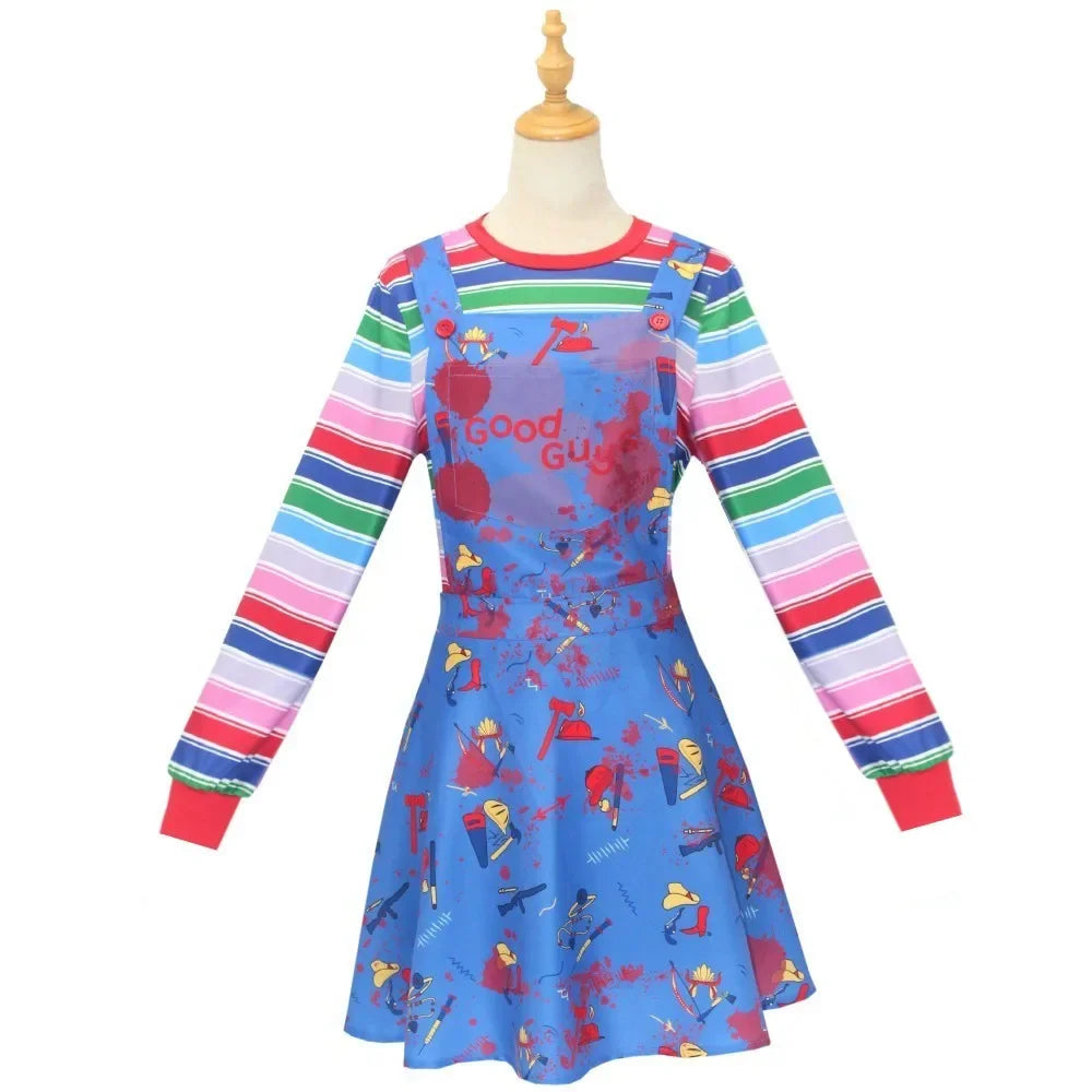 Anime Scary Chucky Women Dress Cosplay Costume Cartoon Horror Chucky Jumpsuits Halloween Clothing for Men Women Party Costumes