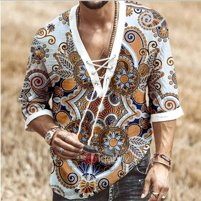 Retro 60s 70s Hippie Costume for Men Drawstring Printing T-shirt Cosplay Outfit Halloween Party Disco Funny Clothes Role Play