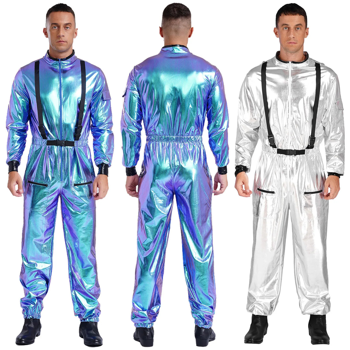 Men Women Halloween Space Astronaut Cosplay Costume Long Sleeve Metallic Shiny Zipper Jumpsuit for Carnival Theme Party Clubwear